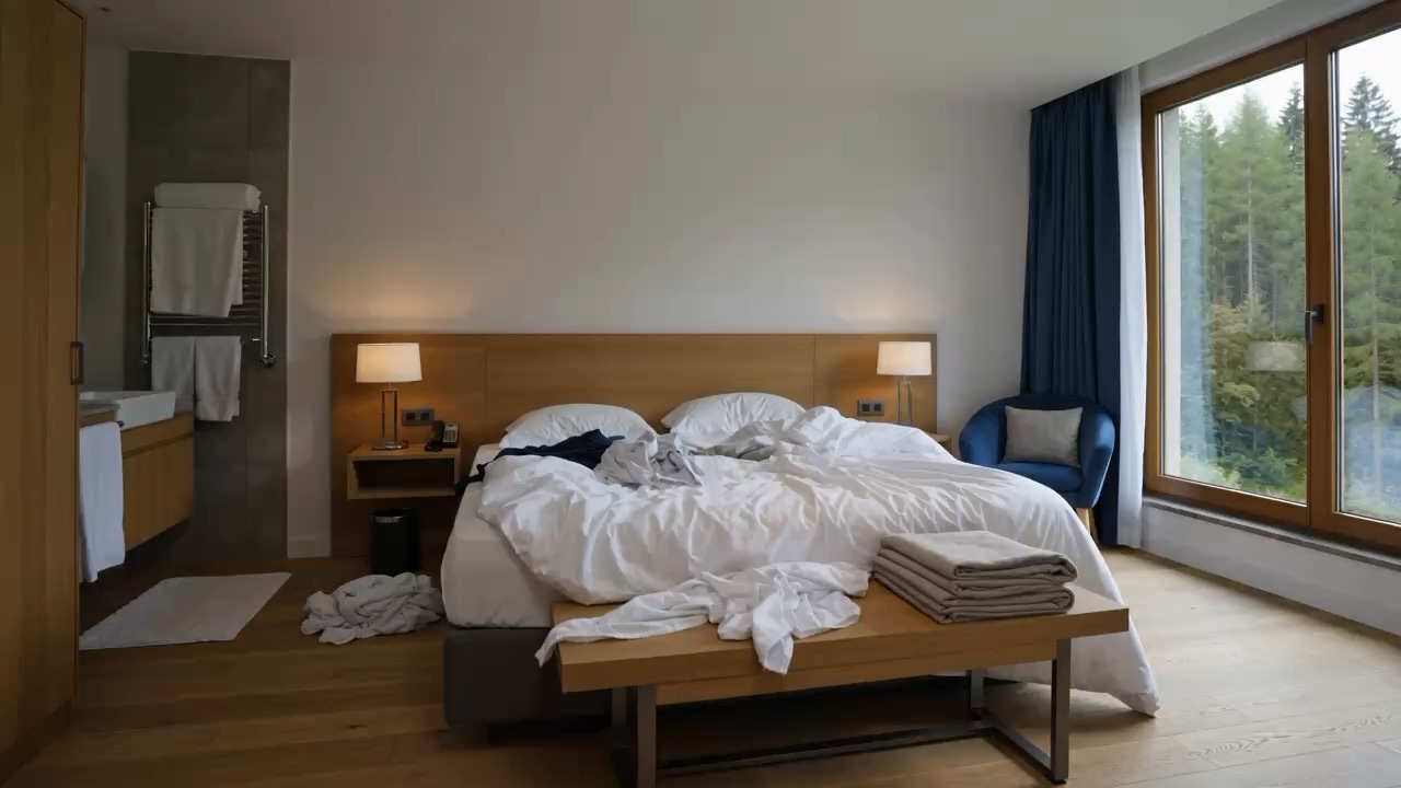Camera d'albergo durante il cambio ospite, prima del rifacimento del letto