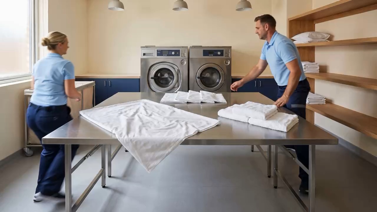 Lavanderia professionale: biancheria in lavorazione e asciugamani piegati