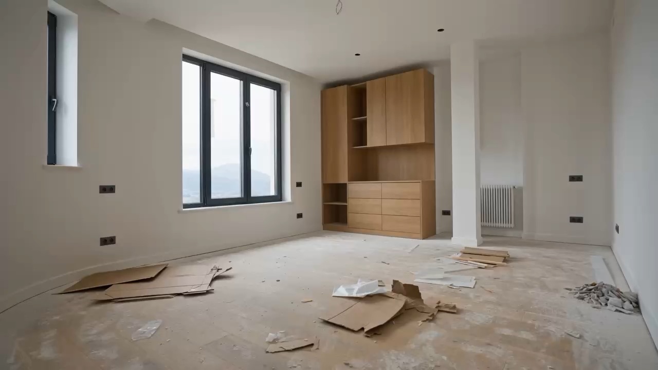 Stanza appena ristrutturata con residui di cantiere, prima della pulizia finale